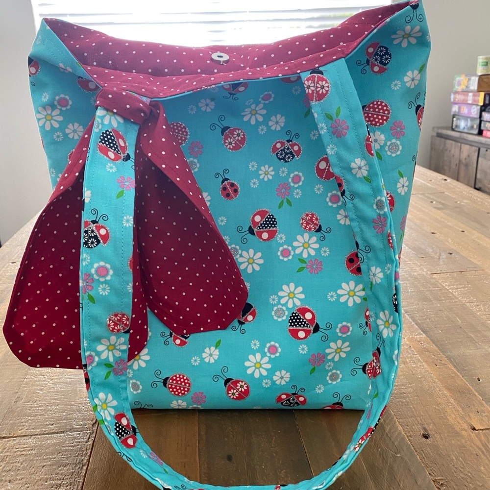 Chic Ladybug Floral Tote - Red and Blue. Unique exclusive handmade